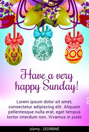 Easter egg floral wreath spring holidays cartoon poster. Decorated Easter eggs with ribbon bow, lily and tulip flowers for Egg Hunt, Easter Sunday gre Stock Vector