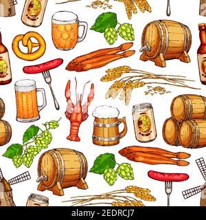Beer drinks seamless pattern background. Beer glass, bottle, wooden barrel and can sketches with snack food, grilled sausage, pretzel, fish, crayfish, Stock Vector