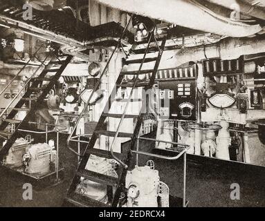 An early printed photograph of the control platform of the engine room aboard the P & O Liner HIMALAYA. Following WWII, P & O began rebuilding their passenger fleet with the S S  HIMALAY at Vickers Armstrong shipyard  at Barrow-in-Furness. The 28,047 gross ton liner was at the time the largest passenger liner in the world. The vessel had an  innovative Weir system evaporating plant for distilling  fresh drinking water from sea water. Her Yard Number  was 951 and she was launched  by Lady Curry, wife of the P&O Chairman, on 5th October 1948. Stock Photo