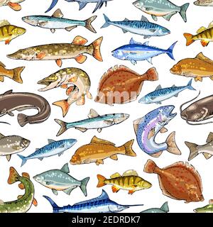 Seamless pattern of sea and freshwater fish. Blue marlin, tuna, salmon and trout, mackerel and pike, perch and bass, flounder, carp and herring, sheat Stock Vector
