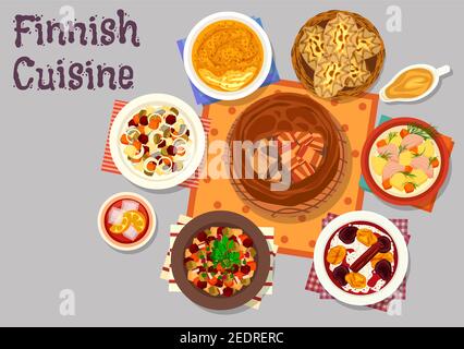 Finnish cuisine traditional dishes icon with fish bacon pie, salmon cream soup, vegetable herring salad, beet salad, rye pie with rice, turnip cassero Stock Vector