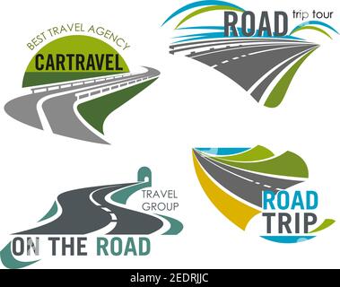 Travel trip icons set of roads for tour and tourist agency. Isolated symbols of highway and motorway tunnel for traveler adventure journey and car or Stock Vector