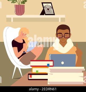 woman and man working on laptop in the room with books, work at home vector illustration Stock Vector