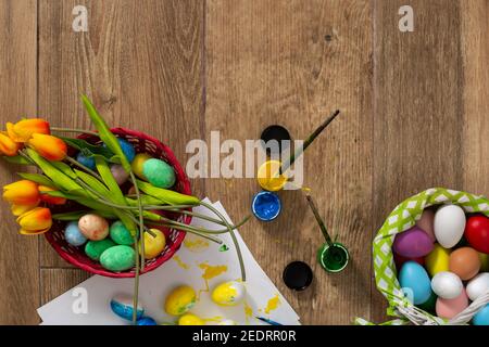 Happy Easter! Painting Easter eggs at home. Top view Stock Photo