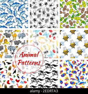 Animal, bird, fish and insect seamless patterns. Lion and horse, owl, butterfly and snake, tuna and bee, eagle and spider, giraffe and ostrich, dragon Stock Vector