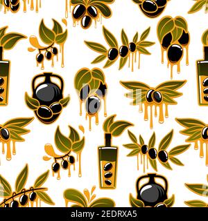 Olives seamless pattern background. Black olive fruit on branch with green leaf and oil drop, bottle and jug of natural organic olive oil for vegetari Stock Vector