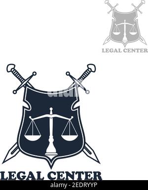 Law firm badge of heraldic shield with scales of justice and crossed swords. Lawyer office emblem, legal center symbol, attorney service theme design Stock Vector