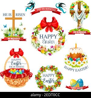 Easter cartoon icon and label set. Easter egg, cake, egg hunt basket and crucifix cross, decorated by floral wreath and flower bunch with lily, tulip Stock Vector