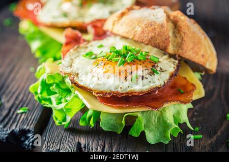 Homemade burger with lettuce, fried egg and bacon on white table Stock Photo