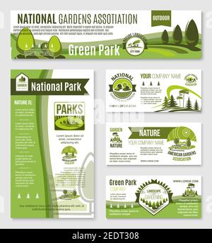 Green gardening and nature environment association vector business templates set of business card, posters and landing page. Park and garden horticult Stock Vector