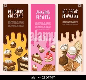Dessert, ice cream and chocolate pastry banner set. Cake, cupcake, strawberry pie, ice cream cone, fruit cream dessert, brownie, muffin, cheesecake an Stock Vector
