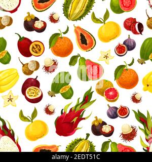 Seamless exotic fruits pattern. Vector carambola star fruit and passionfruit, mango or papaya and orange grapefruit, guava or avocado figs and rambuta Stock Vector