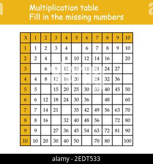 Multiplication Square. Paste the missing numbers. School vector illustration with colorful cubes. Multiplication Table. Poster for kids education Stock Vector