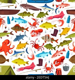 Fishing seamless pattern of fish and mollusks catch. Vector seafood crab, salmon trout and tuna or flounder on fishing rod. Shrimp prawn and squid, pi Stock Vector