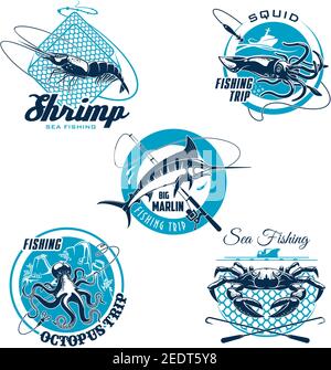 Sea fishing symbol set. Crab, shrimp, blue marlin, octopus and squid with fishing rod, boat and net trap. Fishing trip badge, sporting club emblem, se Stock Vector
