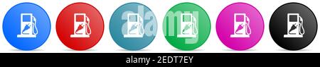 Fuel vector icons, set of circle gradient buttons in 6 colors options for webdesign and mobile applications Stock Vector