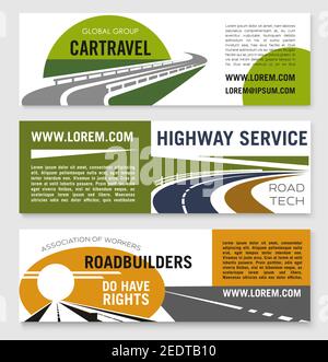 Highway service or road travel company vector banners set. Business templates for transportation and building of motorways worker association or road Stock Vector