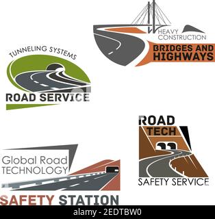Highways and motorways vector icons of roads, tunnels and bridges building and construction or service company. Emblems set of expressway drives, tran Stock Vector