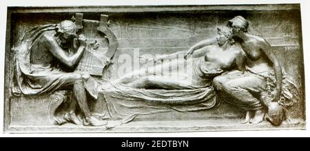 This illustration shows the clay relief by Harry Bates of Homer, with the caption: a blind man sweetest he sings. The famed Greek epic poet Homer is said to have flourished around 700 B.C. Credited to him are the Greek epics, The Iliad and The Odyssey. The Greeks often portrayed Homer as blind. Blindness was also symbolic of inner vision. Harry Bates  (1850 –1899) was a British sculptor. He was elected to the Royal Academy in 1892 as A.R.A. and was an active, if intermittent, member of the Art Workers Guild. He was a central figure in the British movement known as New Sculpture Stock Photo