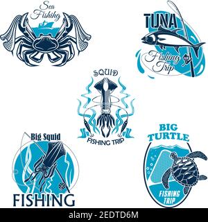 Sea fishing club badges set of fish and seafood. Vector icons of crab lobster and squid, tuna on and turtle. Fisherman catch and tackle of fishing rod