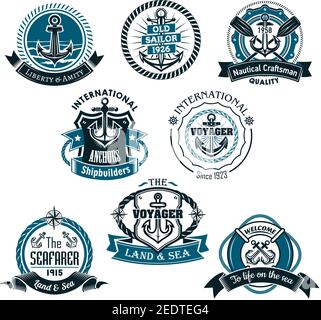 Nautical vector icons of marine ship anchor and helm, sailor compass or  lifebuoy and sea waves. Heraldic emblems, ribbons and badges of seafarer or  vo Stock Vector Image & Art - Alamy