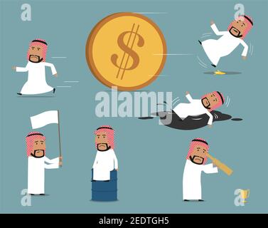 Failed arab businessman character set. Frustrated businessman sitting on oil tank, running away, bankrupt with white flag, fallen down into oil puddle Stock Vector
