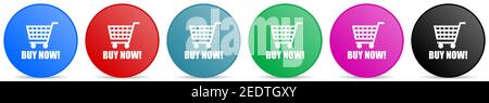 Buy now vector icons, set of circle gradient buttons in 6 colors options for webdesign and mobile applications Stock Vector