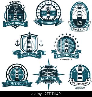 Lighthouse or nautical beacon heraldic icons of marine anchors, sailor compass, ship helm and seagulls. Heraldry emblem shields and ribbon badges with Stock Vector