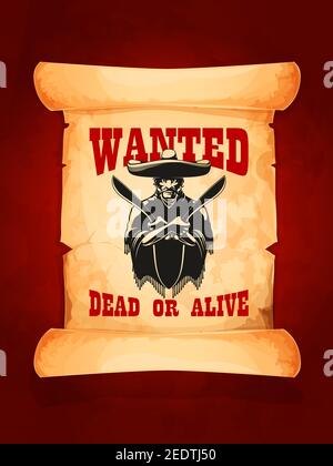 Wanted poster of mexican robber or bandit. Old paper scroll with moustached man wearing sombrero and poncho with knife or machete in crossed hands. Wa Stock Vector