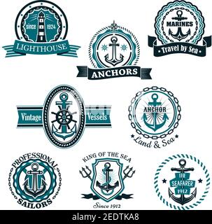 Nautical seafarer, voyager and vintage vessels emblems with anchors, helms,  lighthouse, captain cap, compass and tridents framed by shield, ropes, cha  Stock Vector Image & Art - Alamy