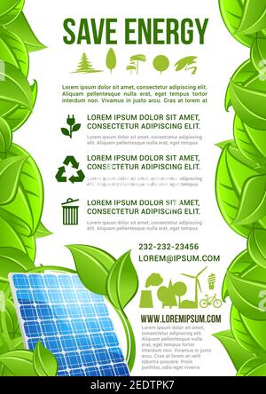 Save Energy vector poster or infographics for nature and ecology conservation with light bulb, solar panel for electricity source, green trees and lea Stock Vector