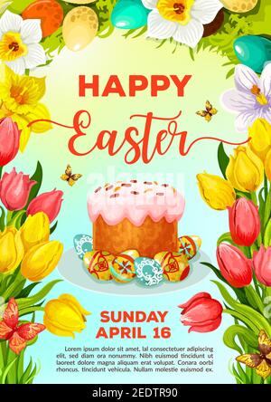 Easter Day celebration cartoon poster template. Easter cake and egg on plate, surrounded by tulip and narcissus flowers, floral wreath and butterfly. Stock Vector
