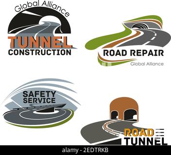 Road tunnel construction and repair icon set. Highway intersection safety service, mountain tunnel and winding freeway isolated symbol for road buildi Stock Vector