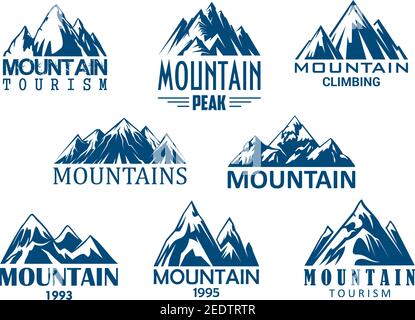 Mountain tourism and rock climbing icon set. Mountain top blue silhouette with snowy peak, steep rocky hill and mountain crest nature landscape for ou Stock Vector