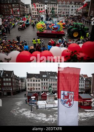 Duesseldorf, Germany. 15th Feb, 2021. KOMBO - The combo of two single images shows a political motto car with the figure to the Coronavirus, which drives at the Rosenmontagszug on 24.02.2020 on the market square in front of the historic city hall (o), and on today's Rosenmontag. (to dpa 'Shrove Monday: Cool showers instead of confetti rain on Düsseldorf Kö') Credit: Fabian Strauch/dpa/Alamy Live News Stock Photo
