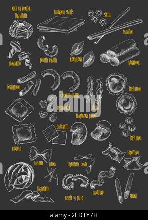 Pasta chalk sketch on blackboard. Vector italian macaroni and penne, fettuccine and ravioli, spaghetti, lasagne or lasagna, pappardelle, bucatini, ste Stock Vector