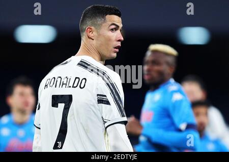 Cristiano Ronaldo of Juventus reacts during the Italian championship Serie A football match between SSC Napoli and Juventus FC on February 13, 2021 at Diego Armando Maradona Stadium in Naples, Italy - Photo Federico Proietti / DPPI / LiveMedia/Sipa USA Stock Photo