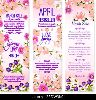 Spring Sale vector banners with flowers design. Blooming orchid blossoms, crocuses and daisy petals on pink field. Floral design for springtime holida Stock Vector