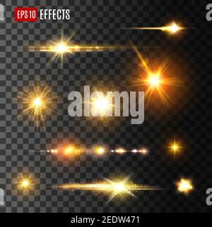 Stars and gold flashes light effects on transparent background. Vector icons of luminous starlight rays or sparkling sun beams and golden glitter shin Stock Vector