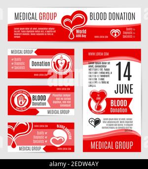 Blood donation posters or vector banners for voluntary donor day or 14 June world AIDS day. Design for donorship center and medical group or hospital Stock Vector