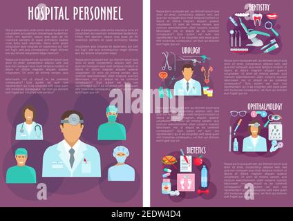 Medical personnel of dentistry, urology, ophthalmology and dietetics hospital departments brochure. Dentist, urologist, ophthalmologist, dietitian doc Stock Vector