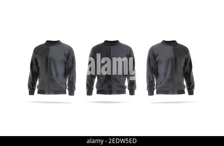 Blank black bomber jacket mockup, front and side view, 3d rendering. Empty windproof sweatshirt with zipper mock up, isolated. Clear fabric wind break Stock Photo