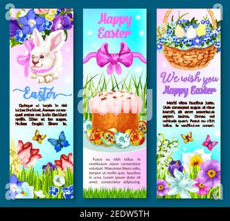 Happy Easter banners set of paschal eggs, cake and bunny rabbit in springtime flowers bunch of crocuses, daffodils and tulips in wicker basket. Vector Stock Vector