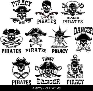 Pirates skulls and Jolly Roger symbols. Captain skeleton in bandana or tricorne hat with patch on eye. Vector icons of piracy robbers flag with anchor Stock Vector