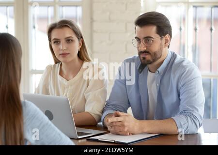 Concentrated two professional hr managers holding job interview. Stock Photo