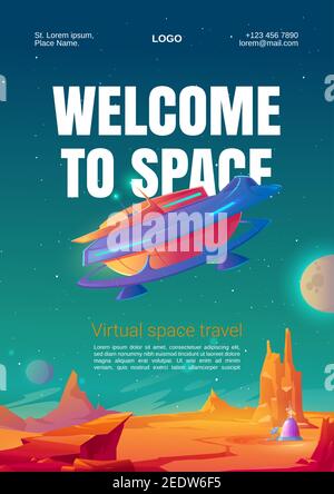 Virtual space travel flyer. VR technologies, augmented reality with alien planets and outer space. Vector poster with cartoon landscape of Mars surface with colony base and spacecraft Stock Vector