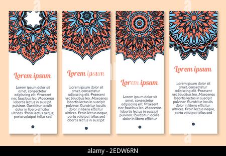 Mandala or Paisley pattern for banners templates. Vector Indian flower tracery of flourish Buddhistic ornaments set for business cards or holiday gree Stock Vector