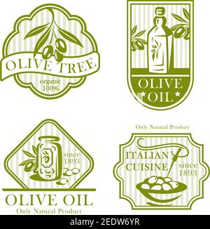 Olive oil labels and icons set. Olive tree branch for Italian cuisine, extra virgin food product packaging. Vector symbols for natural organic food st Stock Vector
