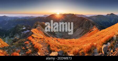 Slovakia mountain landscape at dramatic sunset, Panorama of Rohace Tatras Stock Photo