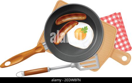 Frying pan with fried egg and sausages on wooden board isolated on white background. Vector illustration. Stock Vector